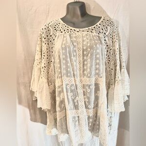 Johnny Was boho top WHITE IVORY CREAM eyelet bell sleeves spring summer